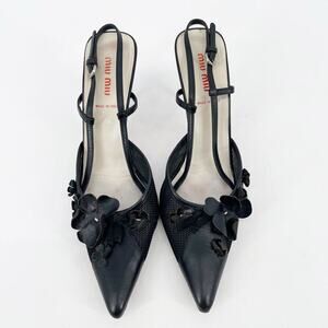 Miu Miu Vintage Retro Black Flower Bow Mesh Pointed Toe Slingback Heel IT 38